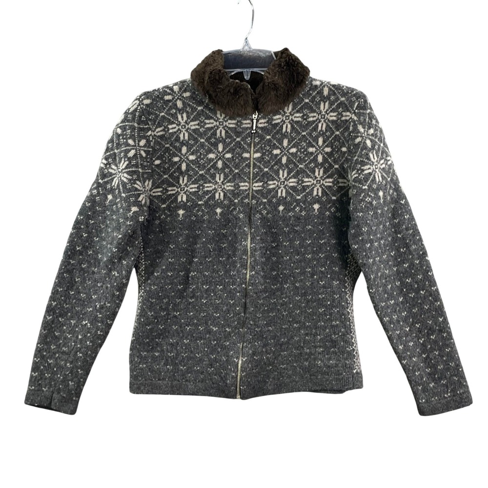 Maurices Cardigan Sweater Womens Medium Gray Fair Isle Lambswool Faux Fur Zip Up